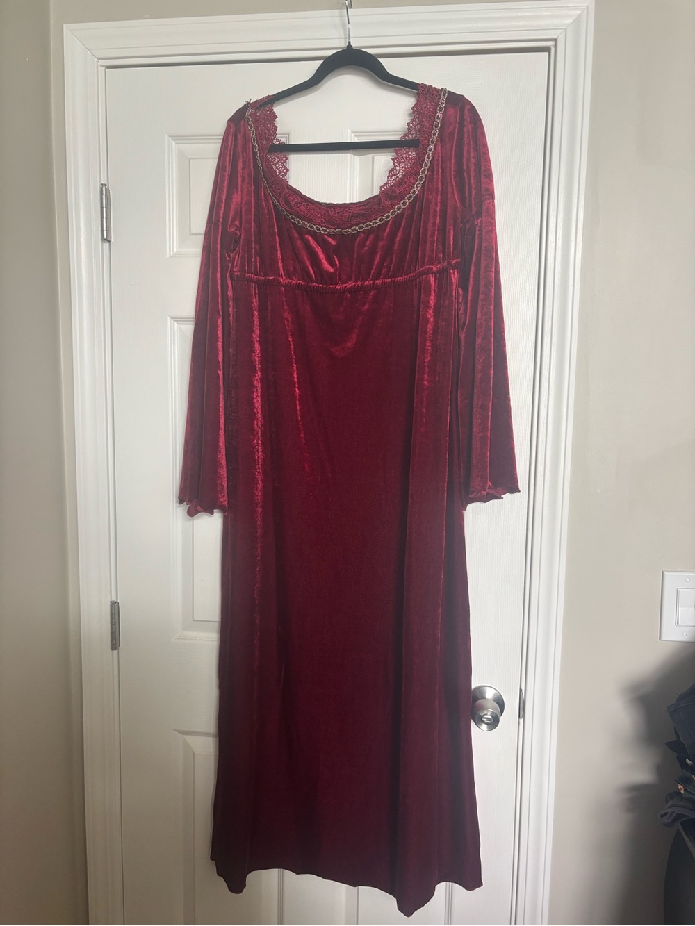 Morbid Threads Burgundy Velvet Maxi Dress with Lace Trim